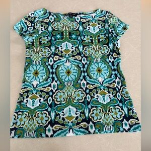 Jones New York Teal and Olive Patterned Short Sleeve Top T-Shirt Stretchy Soft